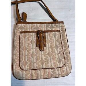 Fossil Small Crossbody Bag Beige Print Sporty Classic Style Leather Trim Purse